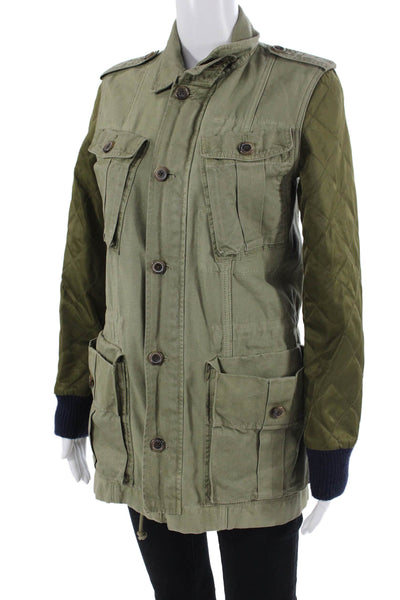 J Crew Women Military Quilted Jacket Green Cotton Button Collared Size XS