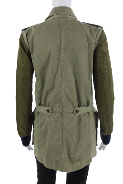 J Crew Women Military Quilted Jacket Green Cotton Button Collared Size XS