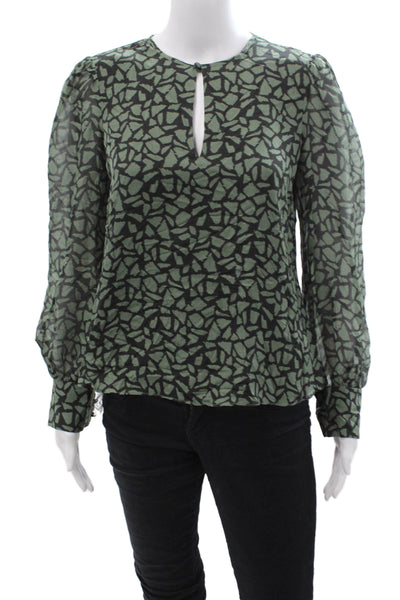 Intermix Women Black Silk Geometric Round Neck Long Sleeve Blouse Size PP