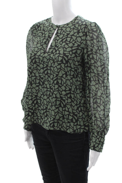 Intermix Women Black Silk Geometric Round Neck Long Sleeve Blouse Size PP