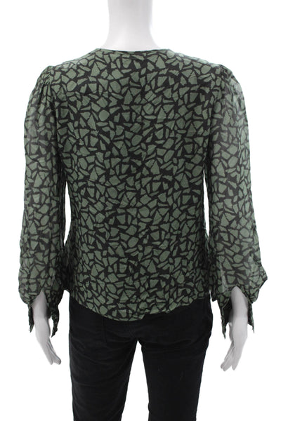 Intermix Women Black Silk Geometric Round Neck Long Sleeve Blouse Size PP