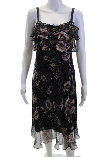 Naf Naf Women Slip Dress Black Silk Floral Mini Sleeveless Button Size 42