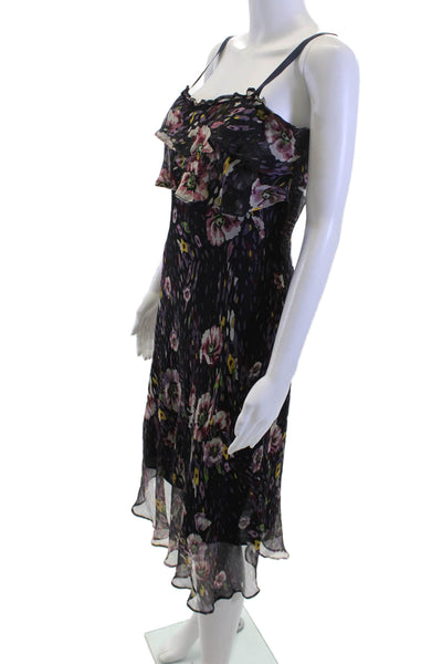 Naf Naf Women Slip Dress Black Silk Floral Mini Sleeveless Button Size 42