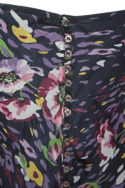 Naf Naf Women Slip Dress Black Silk Floral Mini Sleeveless Button Size 42