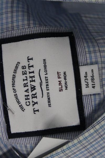 Charles Tyrwhitt Men Blue Check Cotton Point Collar Dress Shirt Size M