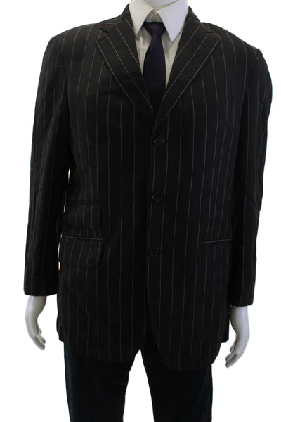 Etro Mens Black Striped Wool Suit Jacket Collared Button Classic Size 50