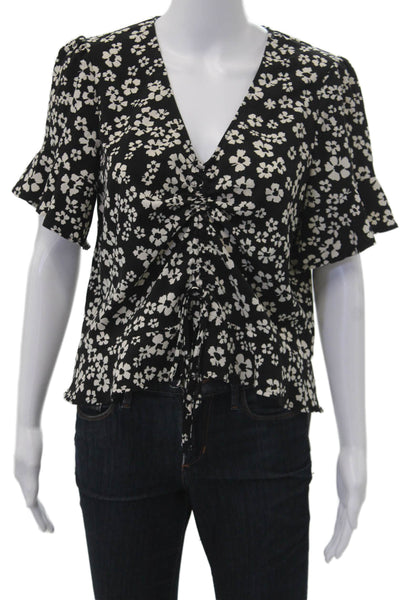 Who What Wear Womens Black Floral V-Neck Short Sleeve Blouse Size M