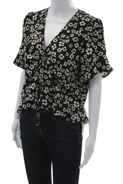 Who What Wear Womens Black Floral V-Neck Short Sleeve Blouse Size M