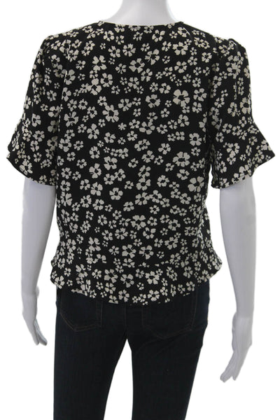 Who What Wear Womens Black Floral V-Neck Short Sleeve Blouse Size M