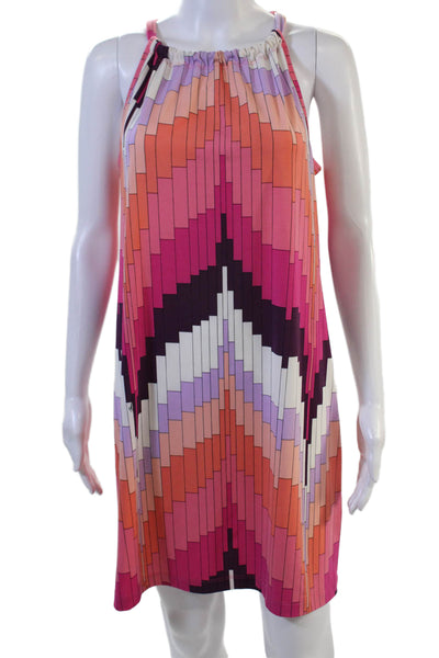 Trina Turk Women Shift Dress Orange Geometric High Neck Sleeveless Size M