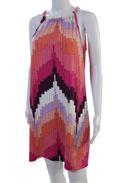Trina Turk Women Shift Dress Orange Geometric High Neck Sleeveless Size M
