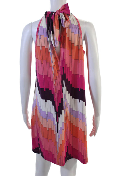 Trina Turk Women Shift Dress Orange Geometric High Neck Sleeveless Size M