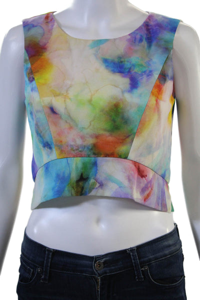 Black Halo Womens Cropped Sleeveless Blouse Multi-Color Zip Round Neck Size 4
