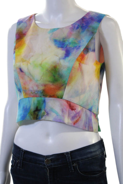Black Halo Womens Cropped Sleeveless Blouse Multi-Color Zip Round Neck Size 4