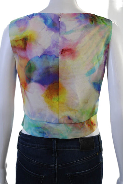 Black Halo Womens Cropped Sleeveless Blouse Multi-Color Zip Round Neck Size 4