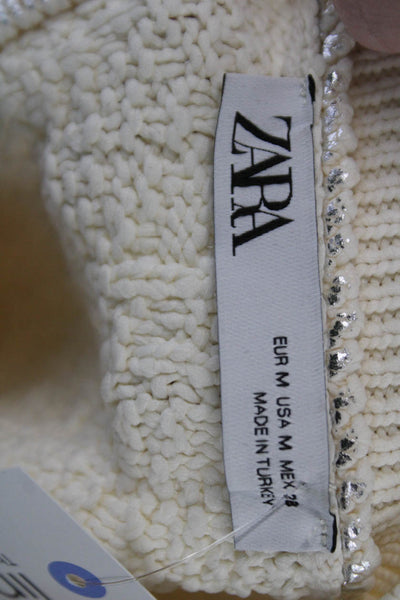 Zara Unisex Beige Crew Neck Pullover Sweater Polyester Short Sleeve 80s Size M