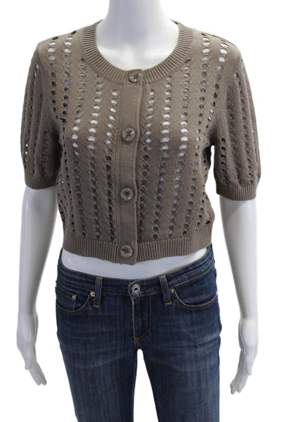 27 Miles Women Brown Button Cardigan Round Neck Short Sleeve Size S