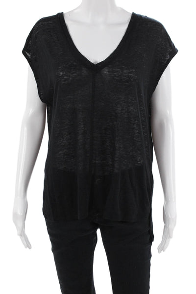 Chaser Women Basic Black V-Neck Linen T-Shirt Short Sleeve Size M