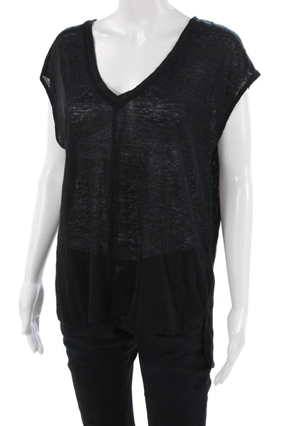Chaser Women Basic Black V-Neck Linen T-Shirt Short Sleeve Size M