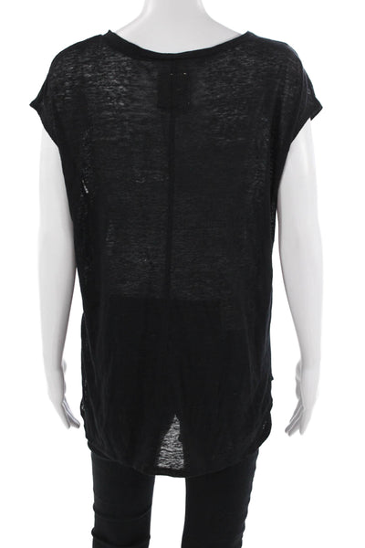 Chaser Women Basic Black V-Neck Linen T-Shirt Short Sleeve Size M
