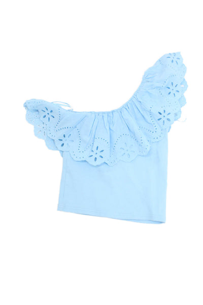 Zara Girls Ribbed Ruffle Trim One Shoulder Top Blue Size 9-10