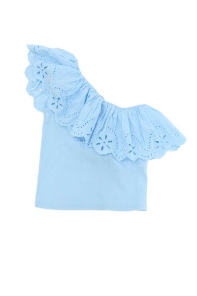 Zara Girls Ribbed Ruffle Trim One Shoulder Top Blue Size 9-10