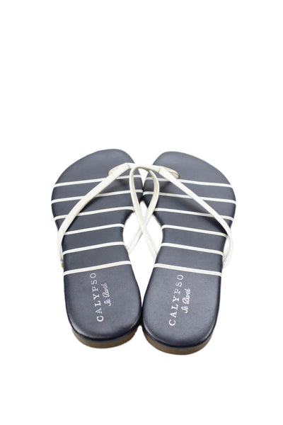Calypso Saint Barth Womens Leather Striped Thong Flip-Flops Blue Size 8.5