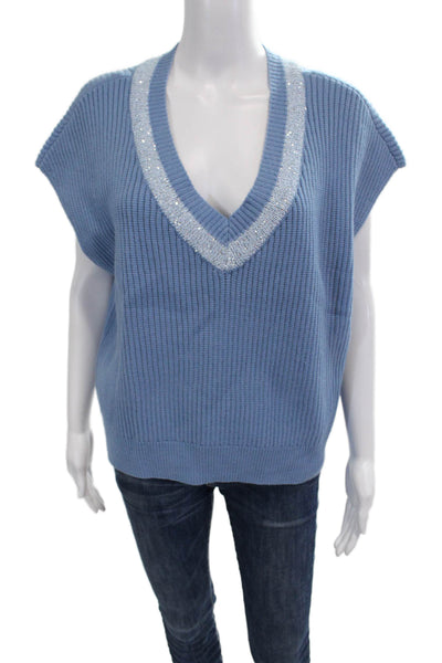 Designer Women Pullover Vest V-Neck Short Sleeve Blue Viscose Size L