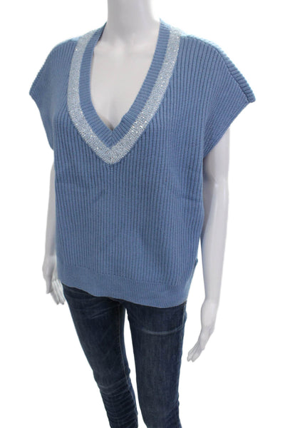 Designer Women Pullover Vest V-Neck Short Sleeve Blue Viscose Size L