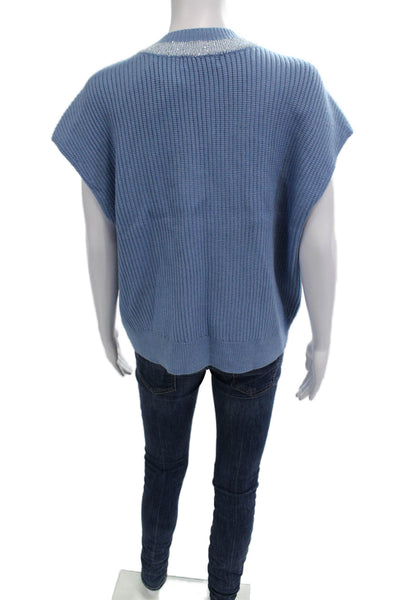 Designer Women Pullover Vest V-Neck Short Sleeve Blue Viscose Size L