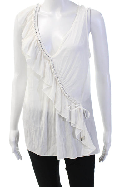 Ramy Brook Women V-Neck Sleeveless Blouse White Solid 100% Polyester Size M