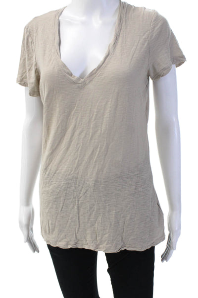 James Perse Women Beige V-Neck Short Sleeve Basic T-Shirt Cotton Size 4