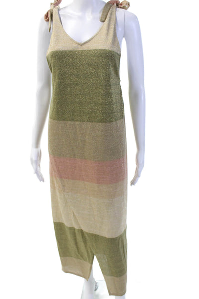 PQ Womens Maxi Tank Striped Beige Cotton V-Neck Tie Waist Dress Size XL