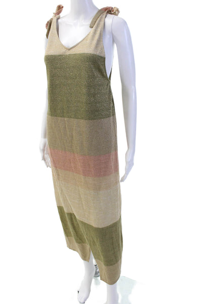 PQ Womens Maxi Tank Striped Beige Cotton V-Neck Tie Waist Dress Size XL
