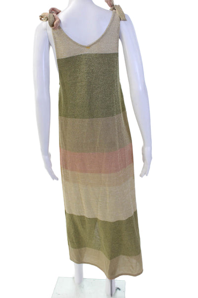 PQ Womens Maxi Tank Striped Beige Cotton V-Neck Tie Waist Dress Size XL