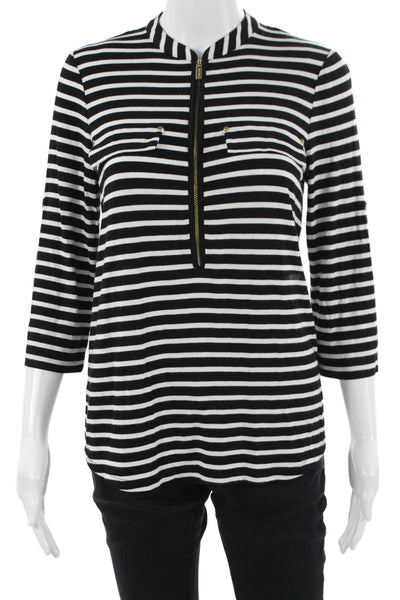 Calvin Klein Women Black Striped Mock Neck Tunic Blouse 3/4 Sleeve Size XS