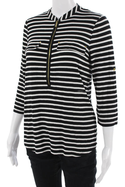 Calvin Klein Women Black Striped Mock Neck Tunic Blouse 3/4 Sleeve Size XS
