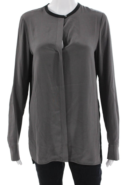 Vince Women Tunic Blouse Black Silk Long Sleeve Crew Neck Button Size 6