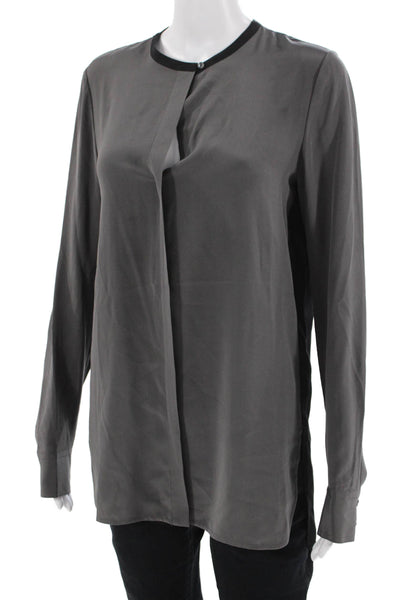 Vince Women Tunic Blouse Black Silk Long Sleeve Crew Neck Button Size 6