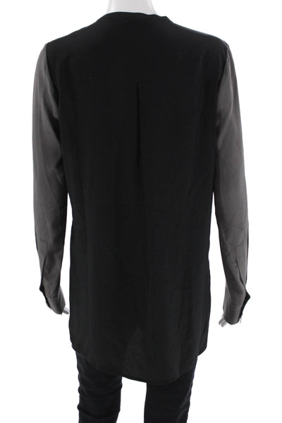Vince Women Tunic Blouse Black Silk Long Sleeve Crew Neck Button Size 6
