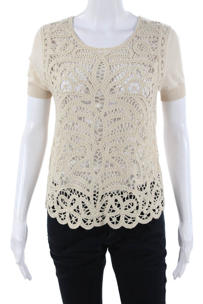 BCBGMAXAZRIA Women Beige Bohemian Round Neck Short Sleeve Blouse Size S