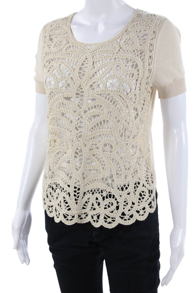 BCBGMAXAZRIA Women Beige Bohemian Round Neck Short Sleeve Blouse Size S