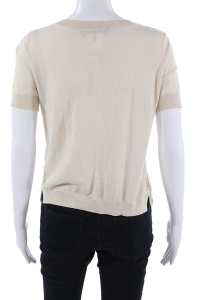 BCBGMAXAZRIA Women Beige Bohemian Round Neck Short Sleeve Blouse Size S