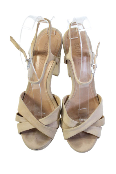 Schutz Womens Suede Open Toe Ankle Strap Platform Heels Beige Size 7