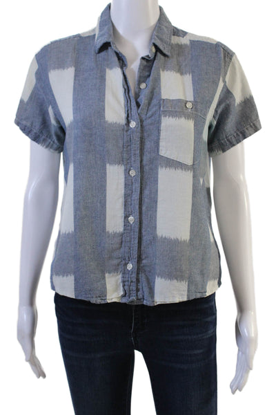 Current/Elliott Women Short Sleeve Geometric Button-Up Blue Linen-Cotton Size 1