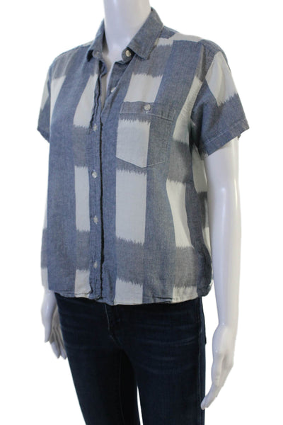 Current/Elliott Women Short Sleeve Geometric Button-Up Blue Linen-Cotton Size 1