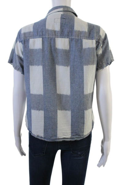 Current/Elliott Women Short Sleeve Geometric Button-Up Blue Linen-Cotton Size 1