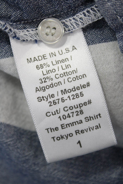 Current/Elliott Women Short Sleeve Geometric Button-Up Blue Linen-Cotton Size 1