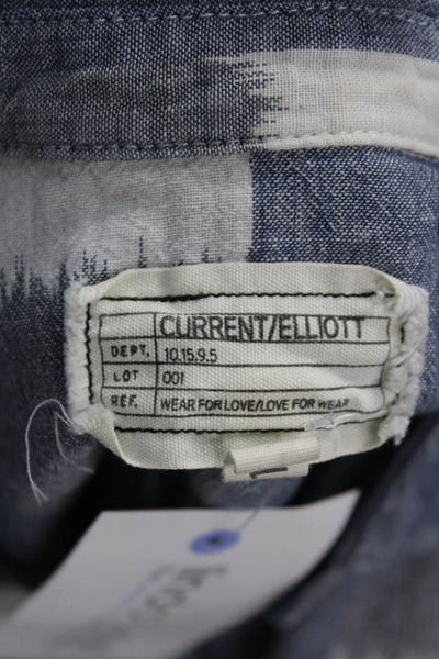 Current/Elliott Women Short Sleeve Geometric Button-Up Blue Linen-Cotton Size 1