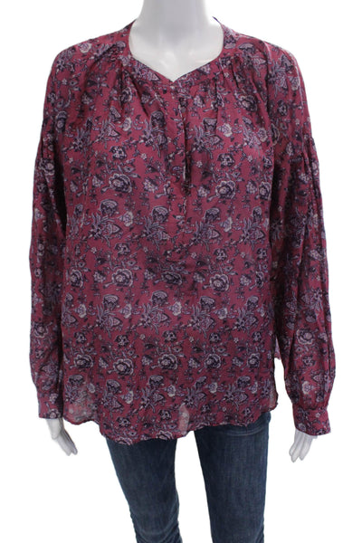 Xirena Women Purple Floral V-Neck Tunic Blouse Tie Silk Long Sleeve Size M